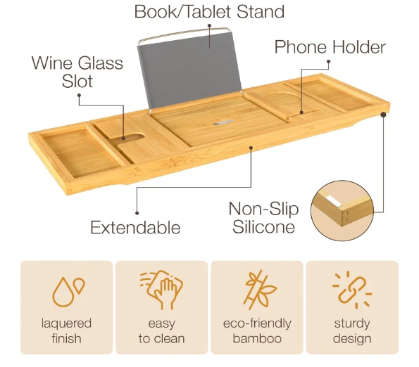 Foldable Bamboo Bath Caddy Bathtub Tray