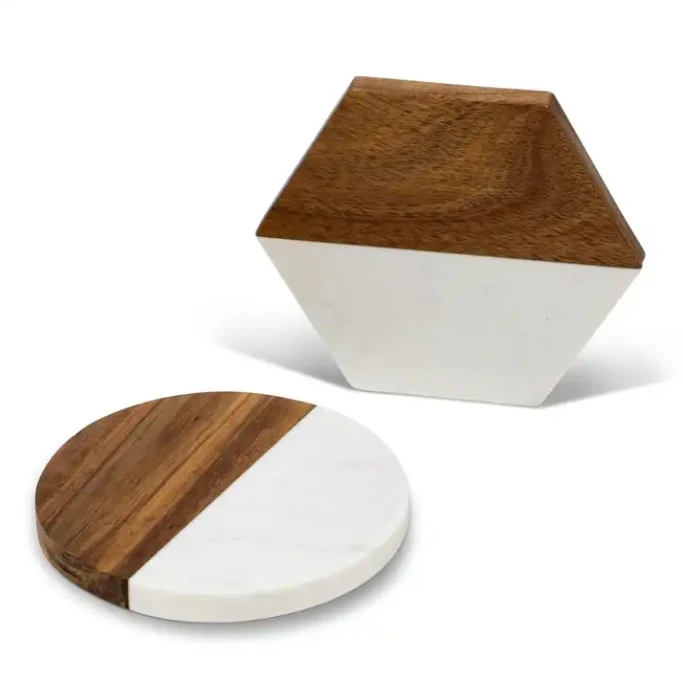 White Hexagon Round Square Customization Engraving Cup Coaster Acacia Wood And Marble Coasters